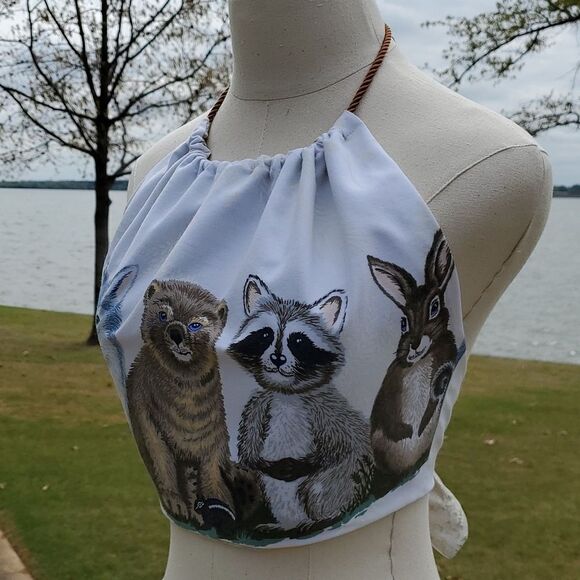 Hey Sue! Upcycled Raccoon Bear Fox  Halter Top Reversible Festival Top S/M - Picture 4 of 11